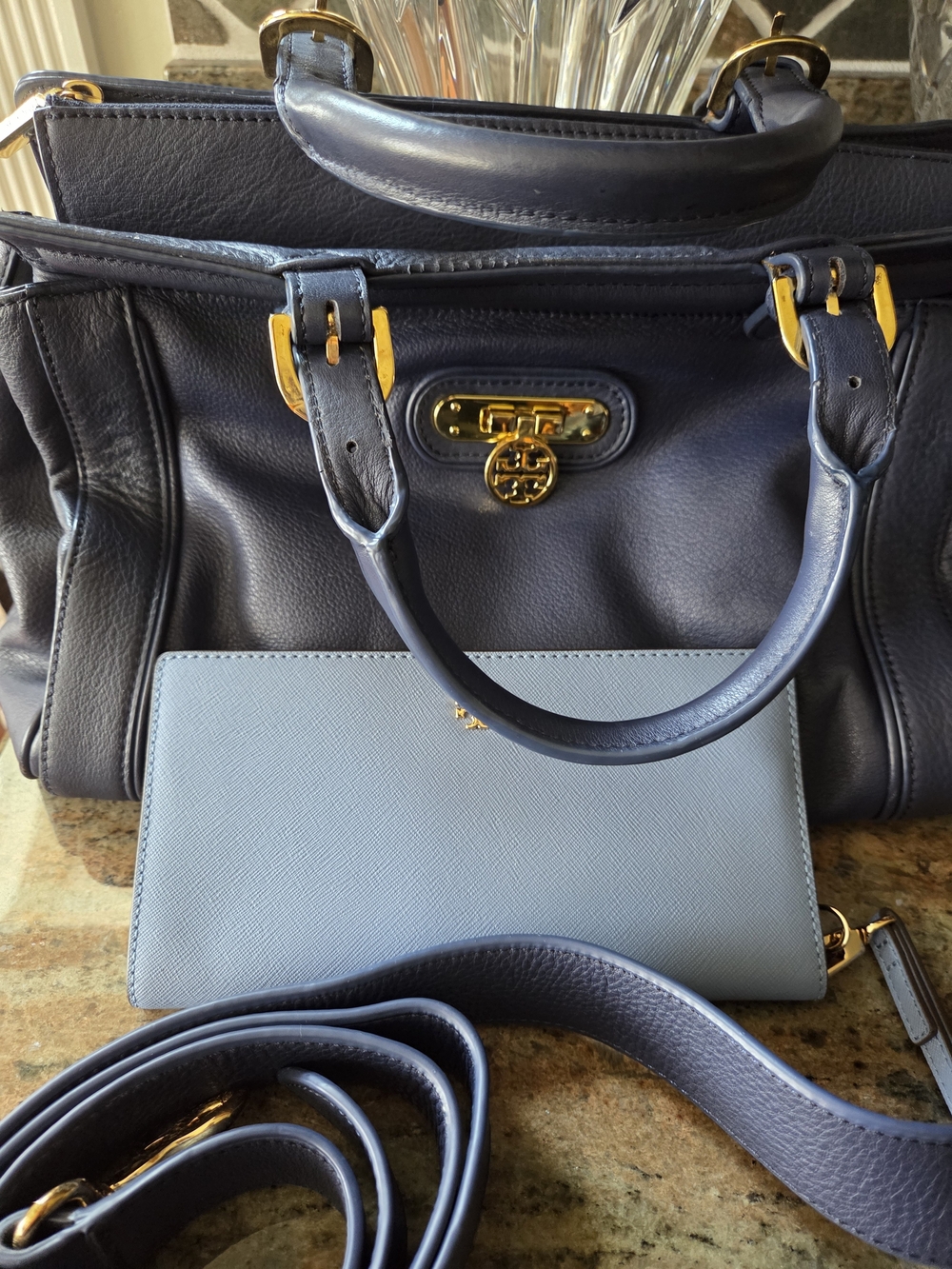 Tory Burch Blue Leather Satchel with Gold Hardware And Wallett